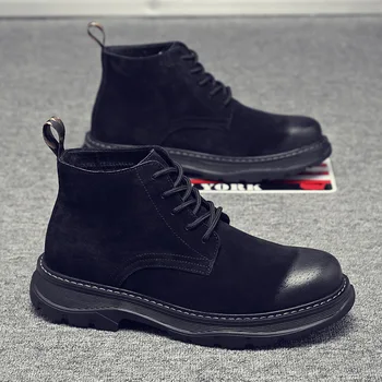 мъжки модни улични обувки-дезерты от естествена кожа, обувки за инструменти, черни обувки на платформа, демисезонные ботильоны, botas hommes chaussure