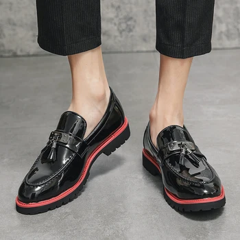Мъжки обувки от лачена кожа на премиум-клас, черните сватбени обувки, размер 38-48, обикновена меки кожени обувки-дерби с ниско берцем, мъжки модел обувки Изображение 3