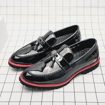 Мъжки обувки от лачена кожа на премиум-клас, черните сватбени обувки, размер 38-48, обикновена меки кожени обувки-дерби с ниско берцем, мъжки модел обувки Изображение 4