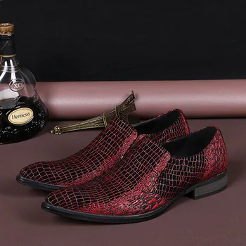 Christia Bella/Модни Мъжки Обувки са Ръчна изработка От естествена Кожа С червен Змеиным Модел, Вечерни Модела Обувки с остри пръсти, бизнес Обувки-Oxfords
