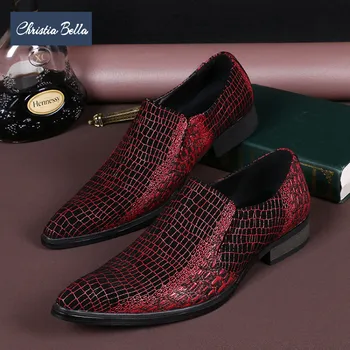 Christia Bella/Модни Мъжки Обувки са Ръчна изработка От естествена Кожа С червен Змеиным Модел, Вечерни Модела Обувки с остри пръсти, бизнес Обувки-Oxfords Изображение 1