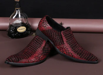 Christia Bella/Модни Мъжки Обувки са Ръчна изработка От естествена Кожа С червен Змеиным Модел, Вечерни Модела Обувки с остри пръсти, бизнес Обувки-Oxfords Изображение 4