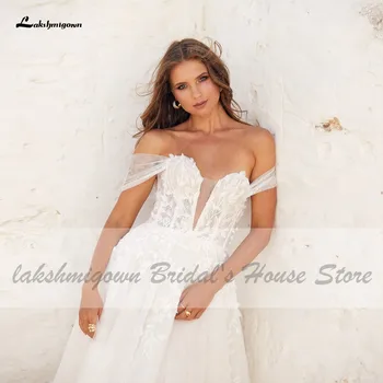 Ретро Сватбена дреха в стил бохо, Сватбената рокля 2021, Vestido de Fiesta de Boda, Сватбената рокля на Принцеса от бял Тюл с открити рамене Изображение 2