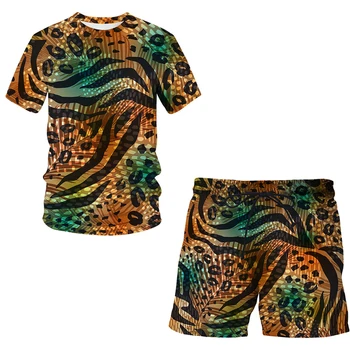Лятото на 2022, нов костюм, с леопардовым принтом и 3D принтом, фланелка с къс ръкав + ежедневни панталони, Мъжки/Дамски градинска дрехи, Блузи Изображение 3