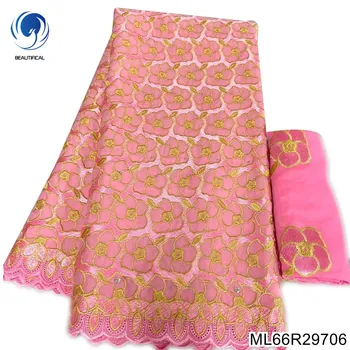 5 + 2 ярд швейцарската тъкан най-новата розова африканска бродерия памук, воал дантела популярен дубай стил сватбена рокля ML66R297 Изображение 0