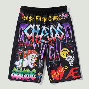 Улични Мъжки къси Панталони в стил хип-хоп с Шарени Графити, Плажни Панталони С Принтом, Летни Модни Ежедневни Дишащи Мъжки къси Панталони Оверсайз